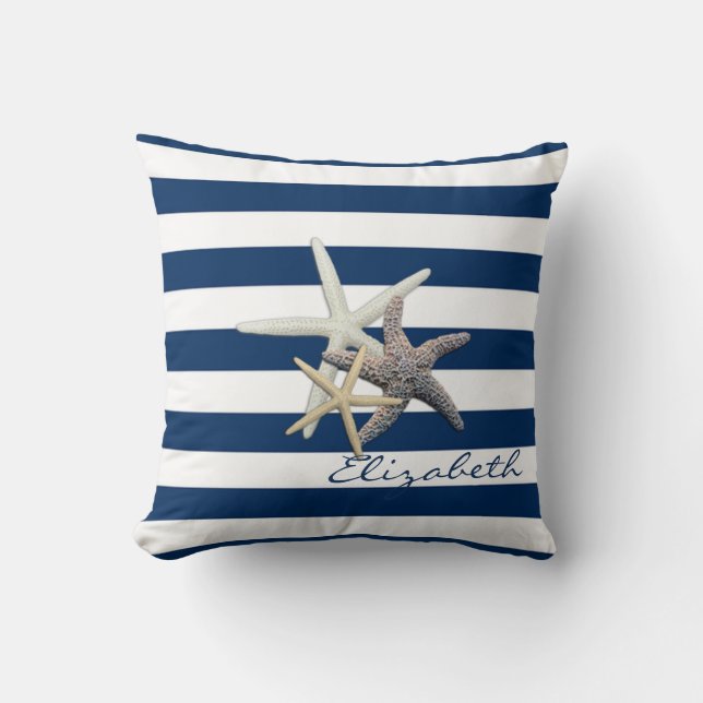 Adorable Starfish ,Navy Blue Stripes-Personalised Cushion (Front)