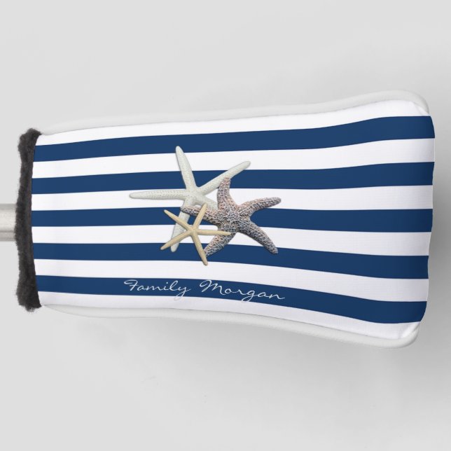 Adorable Starfish ,Navy Blue Stripes-Personalised  Golf Head Cover (Front)
