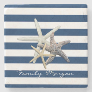 Adorable Starfish ,Navy Blue Stripes-Personalised Stone Coaster