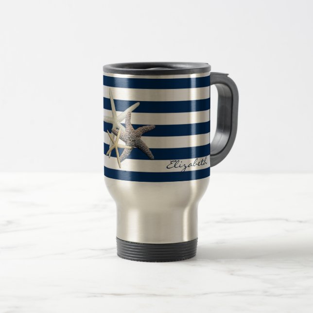 Adorable Starfish ,Navy Blue Stripes-Personalised Travel Mug (Front Right)