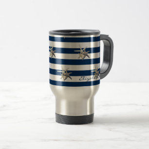Adorable Starfish ,Navy Blue Stripes-Personalised Travel Mug