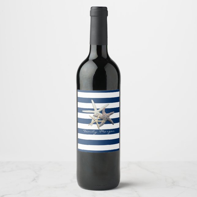 Adorable Starfish ,Navy Blue Stripes-Personalised  Wine Label (Front)