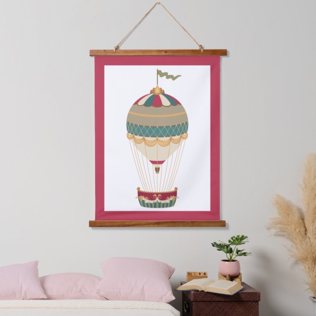 Adorable Steampunk Hot Air Balloon with Flag Hanging Tapestry (Bedroom)