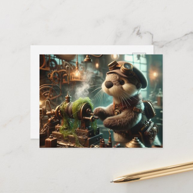 Adorable Steampunk Otter Works on Machinery Postcard (Front/Back In Situ)