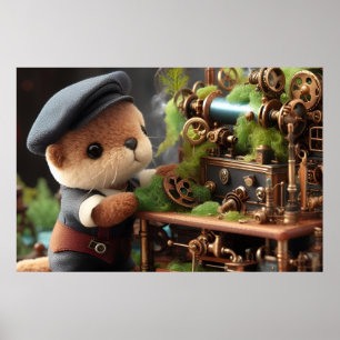 Adorable Steampunk Otter Works on Machinery Poster