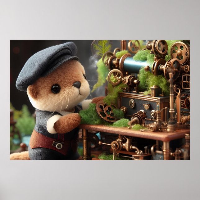 Adorable Steampunk Otter Works on Machinery Poster (Front)