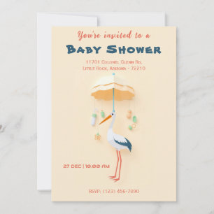 Adorable Stork with Umbrella Baby Shower Invitation