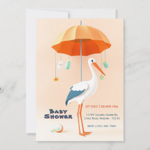 Adorable Stork with Umbrella Baby Shower Invitation