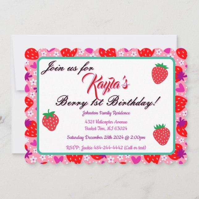 Adorable Strawberry First Birthday Party  Invitation (Front)