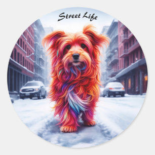 Adorable street dog in frosty winter cityscape classic round sticker