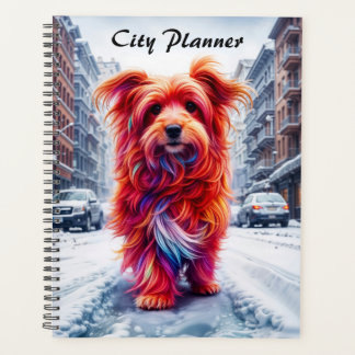 Adorable street dog in frosty winter cityscape planner