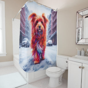 Adorable street dog in frosty winter cityscape shower curtain