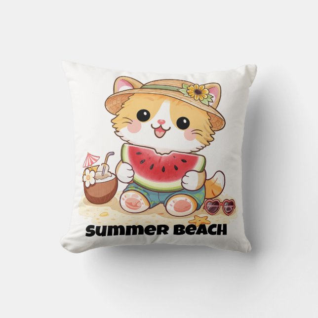 Adorable Summer Beach Cat  Cushion (Front)