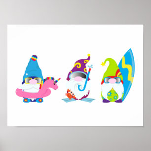 Adorable Summer Gnomes Funny Beach Poster