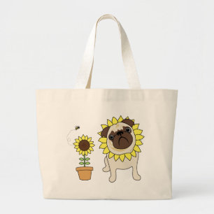 Adorable Sunflower Pug Tote Bags