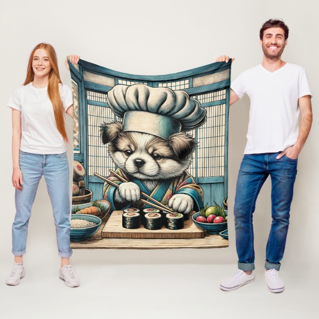 Adorable Sushi Chef Puppy Fleece Blanket (In Situ)