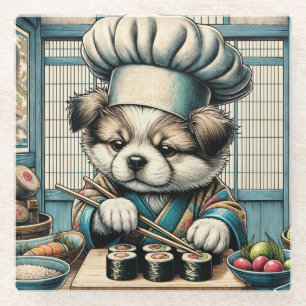 Adorable Sushi Chef Puppy Glass Coaster