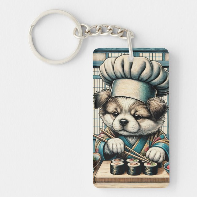 Adorable Sushi Chef Puppy Key Ring (Front)