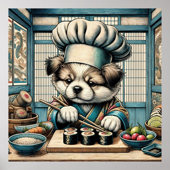 Adorable Sushi Chef Puppy Poster (Front)