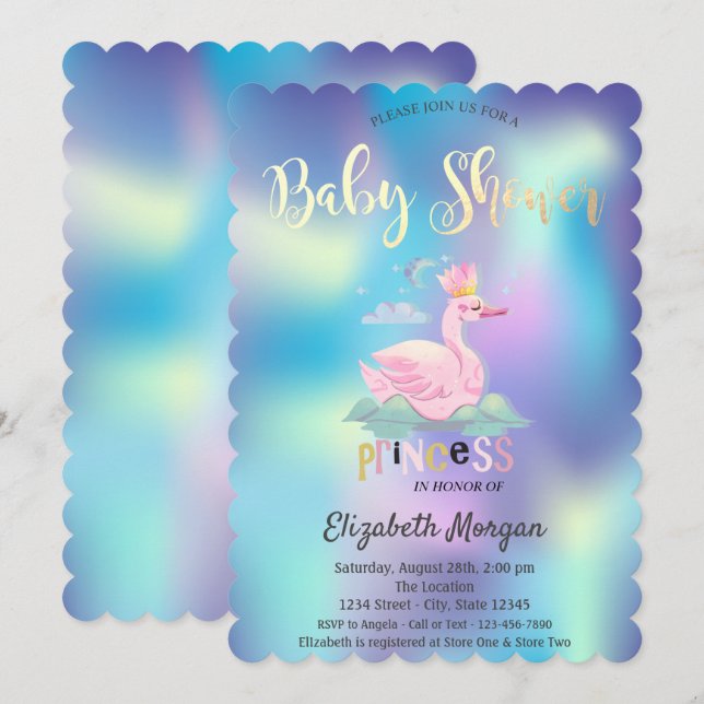Adorable Swan  Crown Holographic Baby Shower  Invitation (Front/Back)