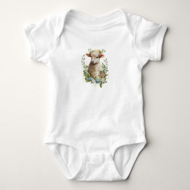 Adorable Sweet Baby Lamb with Flowers Bodysuit (Front)