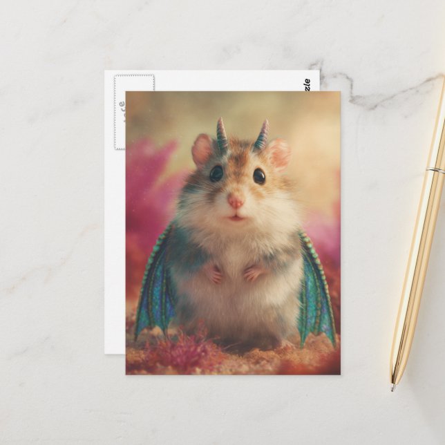 Adorable Sweet Hamster Dragon with Horns Postcard (Front/Back In Situ)