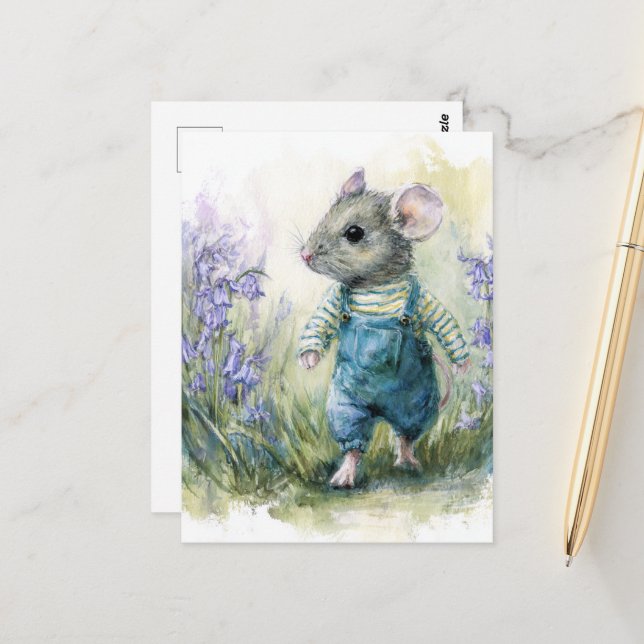 Adorable Sweet Mouse in Denim Postcard (Front/Back In Situ)