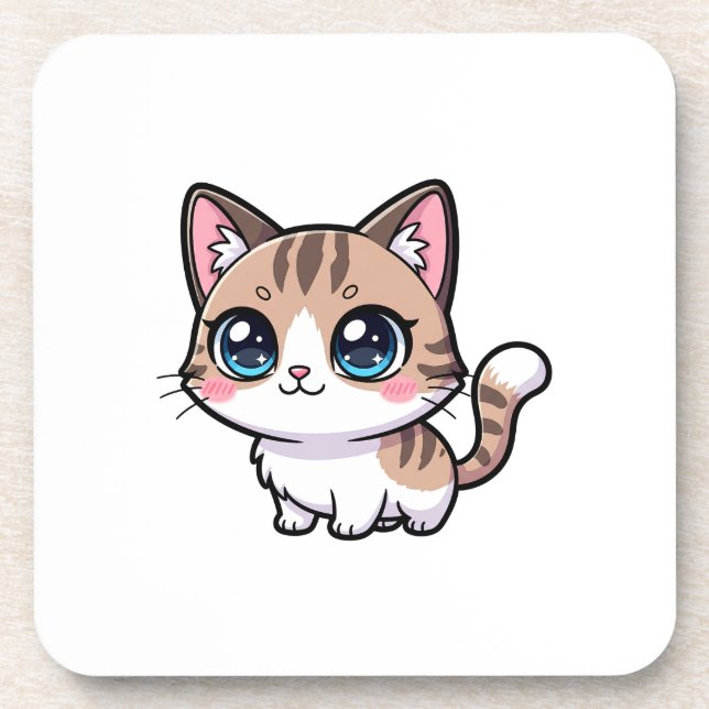 Adorable Tabby Cartoon Cat Coaster (Front)