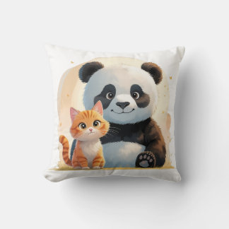 Adorable Tabby Cat & Giant Panda - Playful Friends Cushion