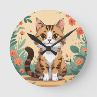 Adorable Tabby Cat in Blossom Garden 8" Round Acry Clock