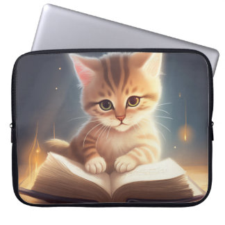 ADORABLE TABBY KITTEN READING A BOOK LAPTOP SLEEVE