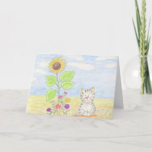 Adorable tabby kitten sunflower watercolor card