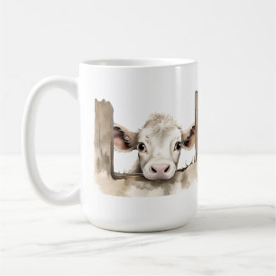 ADORABLE TAN CALF PEEKING OVER FENCE COFFEE MUG