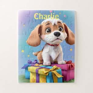 Adorable Tan & White Puppy with Colourful Gifts Jigsaw Puzzle