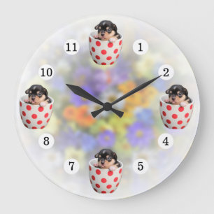Adorable Teacup Puppy Soft Flowers Background Large Clock