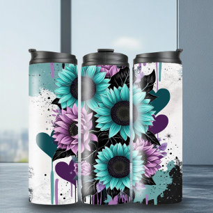 Adorable Teal Purple Sunflowers Thermal Tumbler