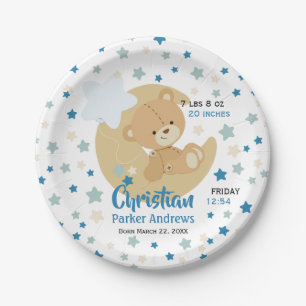 Adorable Teddy Bear Baby Boy Birth Stats Dinner Pl Paper Plate