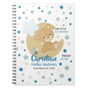 Adorable Teddy Bear Baby Boy Birth Stats Notebook