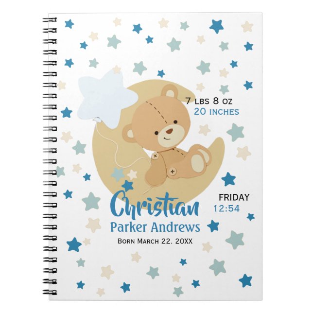 Adorable Teddy Bear Baby Boy Birth Stats Notebook (Front)