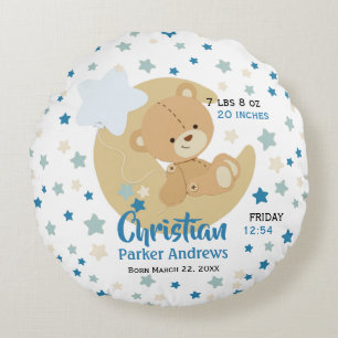 Adorable Teddy Bear Baby Boy Birth Stats Round Cushion