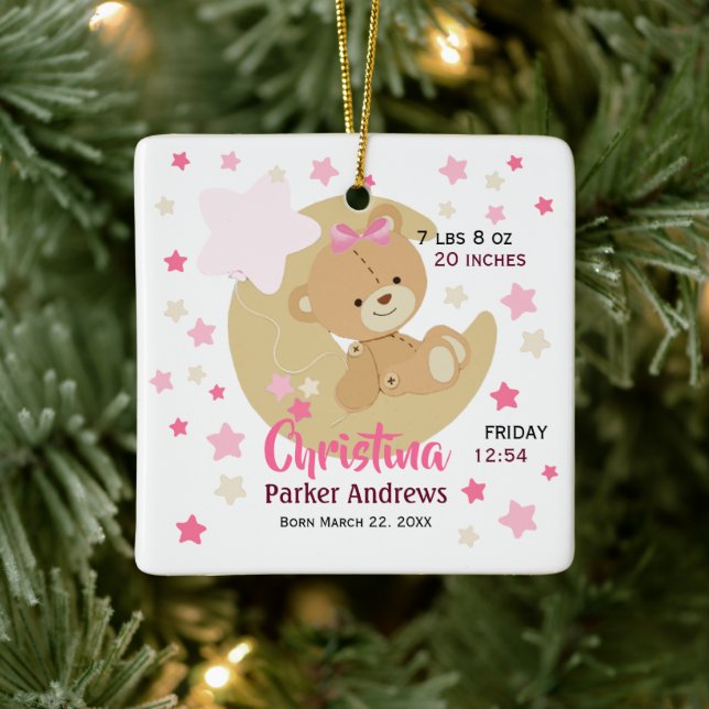 Adorable Teddy Bear Baby Girl Birth Stats Ceramic Ornament (Tree)