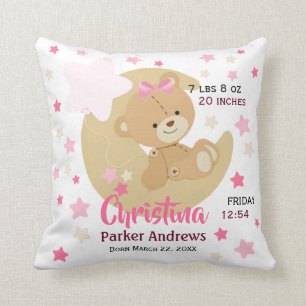 Adorable Teddy Bear Baby Girl Birth Stats Cushion