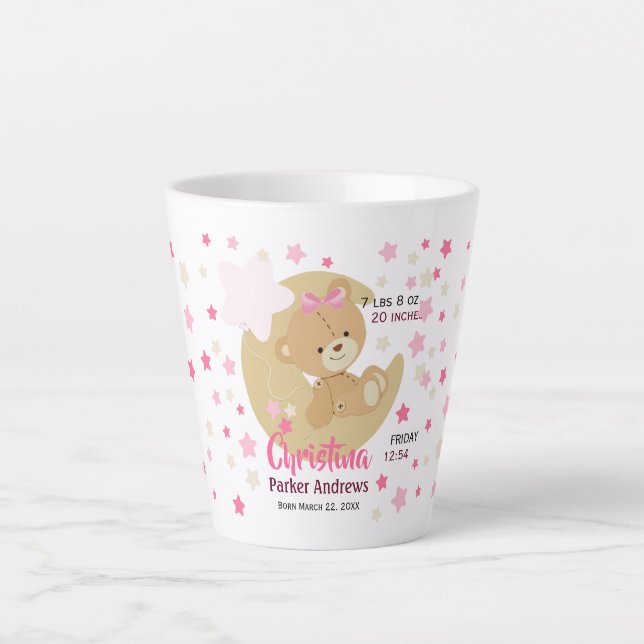 Adorable Teddy Bear Baby Girl Birth Stats Latte Mug (Front)