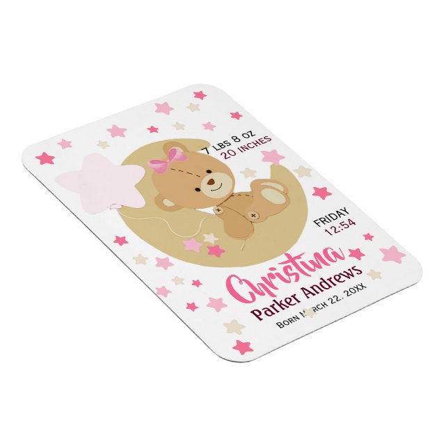 Adorable Teddy Bear Baby Girl Birth Stats Magnet (Right Side)