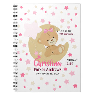 Adorable Teddy Bear Baby Girl Birth Stats Notebook