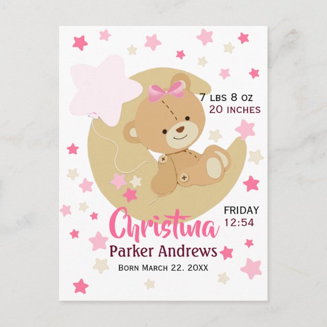 Adorable Teddy Bear Baby Girl Birth Stats Postcard (Front)