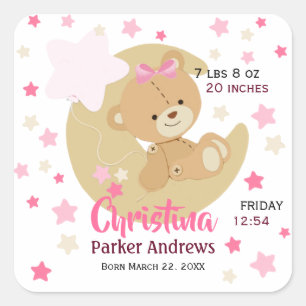 Adorable Teddy Bear Baby Girl Birth Stats Square Sticker