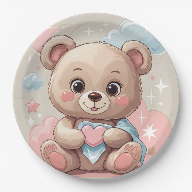Adorable Teddy Bear Baby – Soft Pastel Design Paper Plate (Front)