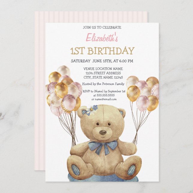 Adorable Teddy Bear Balloons Striped Birthday Invitation (Front/Back)