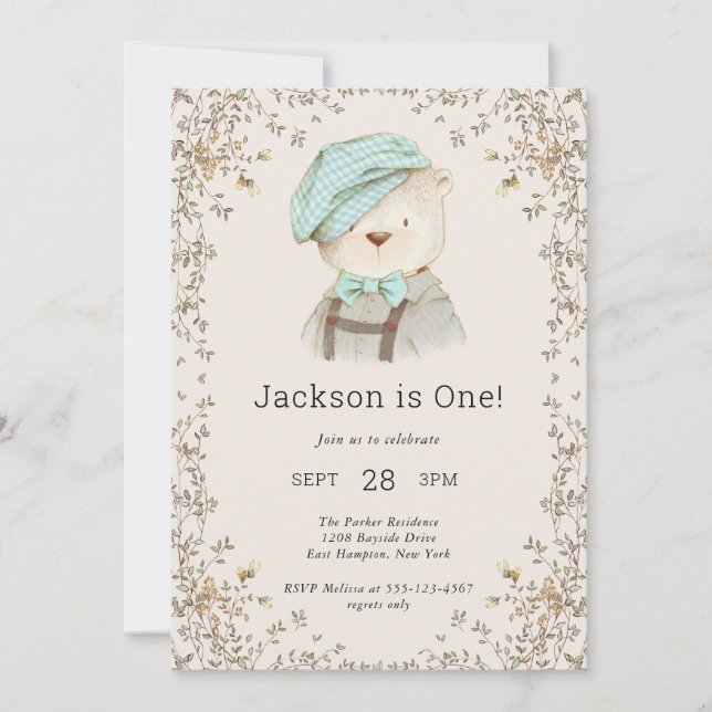 Adorable Teddy Bear Boy's First Birthday Invitation (Front)